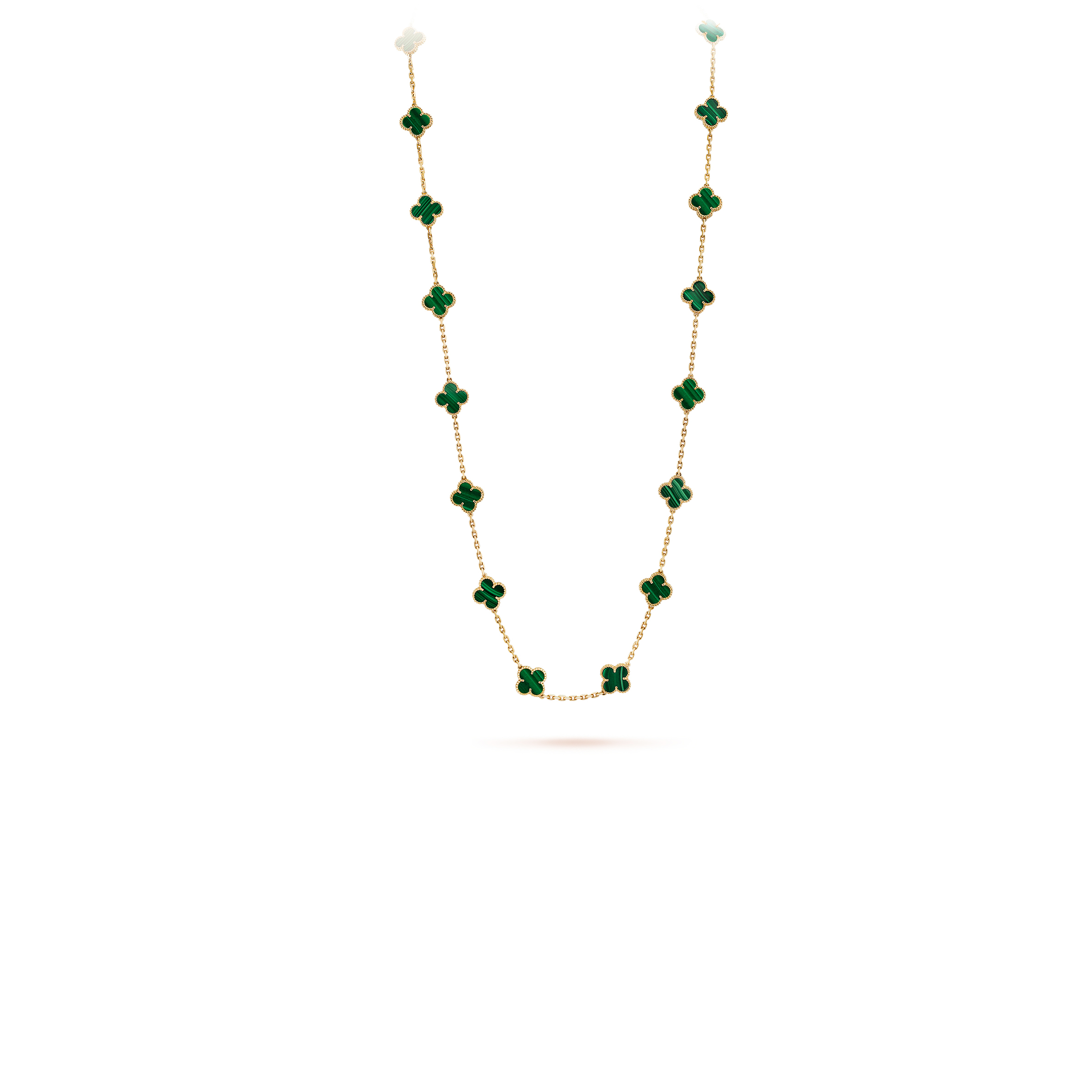 V*N CL*F arpels vintage alhambra long necklace, 20 motifs - yellow gold, malachite  vcarl88100